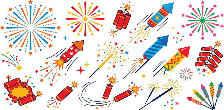 Dynamic vector collection of colorful festive fireworks and firecrackers with rockets sparklers and explosions for party celebrations