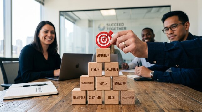 Business Team Collaborating as Hand Places Target on Wooden Block Pyramid

