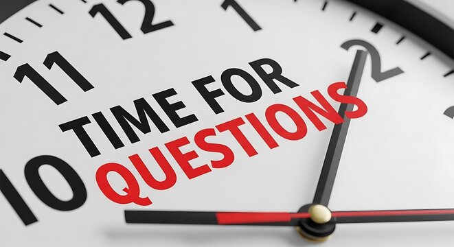A clock face with Time for Questions text, symbolizing inquiry and deadline. Suitable for business, education, or marketing materials.