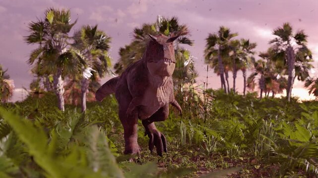 3d animation of horned Carnotaurus roars while striding through a prehistoric jungle of ferns and palms, showcasing its powerful jaws and sharp teeth.