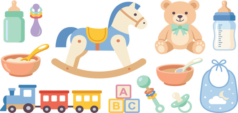 Flat vector collection of cute baby nursery toys and infant care accessories on white background