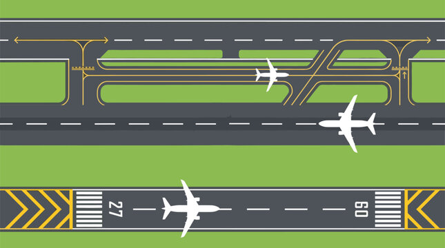Top view of airport runway and taxiway system with airplanes, plane moving on tarmac, detailed airfield layout