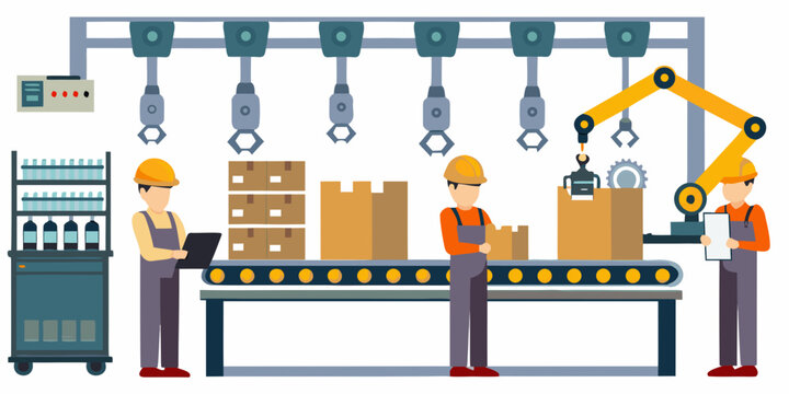 factory assembly line illustration with workers and robotic arms