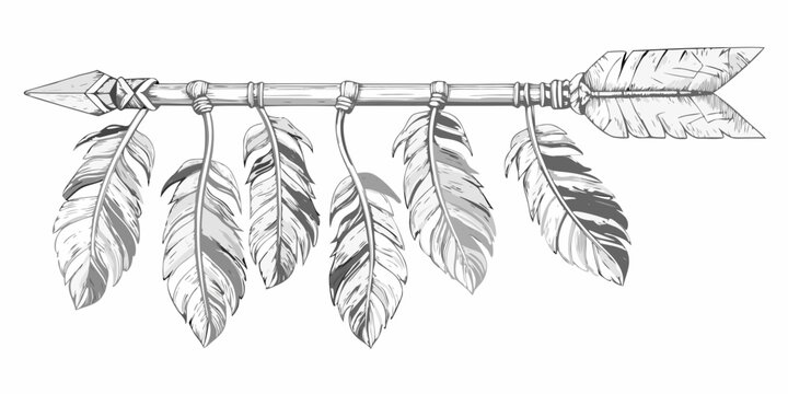 Tribal arrow with feathers sketch style on white background