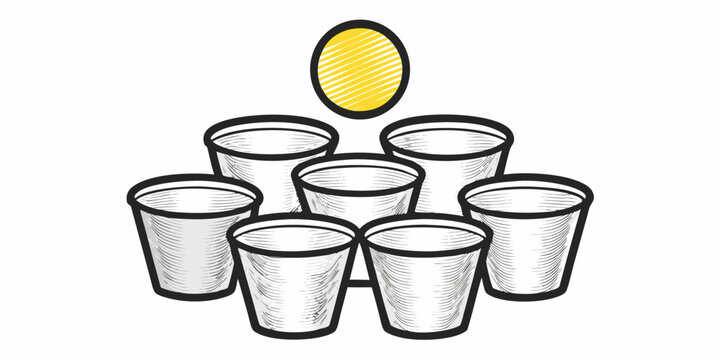 Illustration of stacked cups and a yellow oval on white background