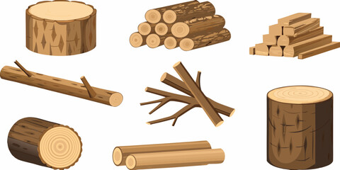 Various wood logs and planks illustration on white background © Nirob