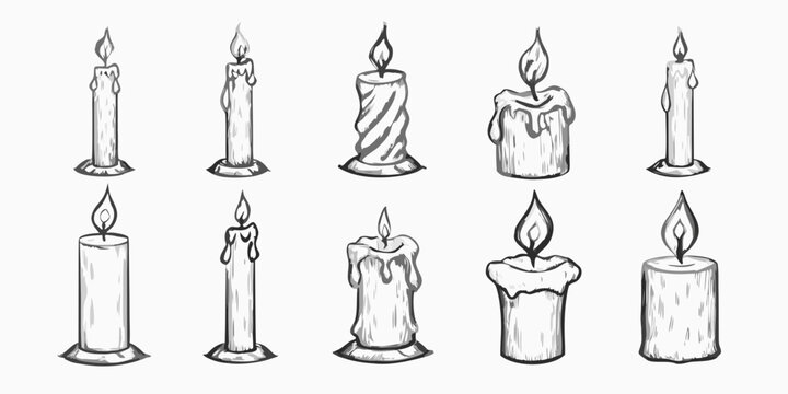 hand drawn candles in various styles sketch illustration