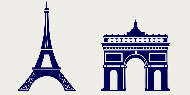 Blue silhouettes of the eiffel tower and arc de triomphe