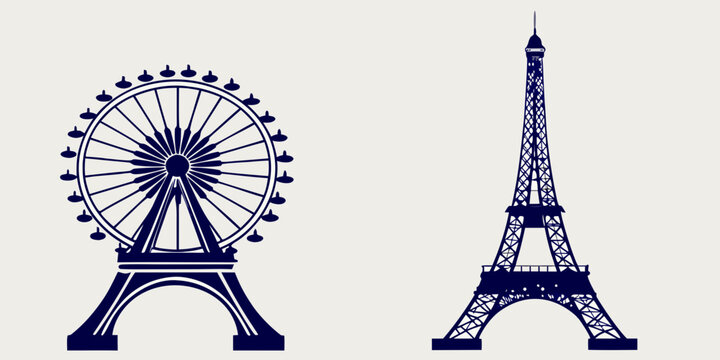 paris landmark silhouettes eiffel tower and ferris wheel blue