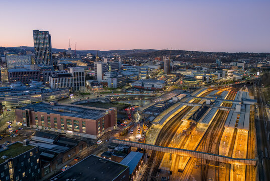 Sheffield train station railway station transport hub. Urban architecture and tracks create  in South Yorkshire, England UK.
