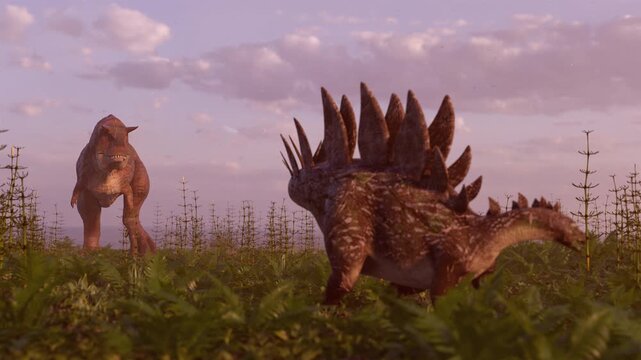 4k 3d animation of predatory Carnotaurus hunts a plated Stegosaurus through a lush fern forest and palm trees. Prehistoric struggle