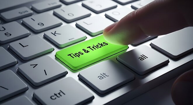 A detailed close up of a finger pressing a glowing green tips & tricks button on a keyboard, ideal for tech tutorials, digital marketing, and educational content. The vibrant lighting and modern compo