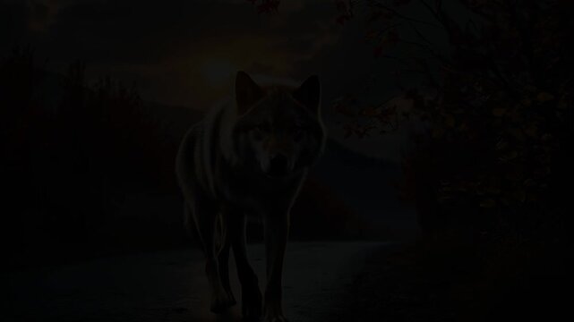 Lone Wolf Walking Rain-Soaked Forest Path Wet Fur Gleaming