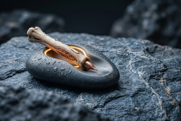 Fototapeta premium The Bionic Stylus resting in its stone-shaped charging cradle on wet basalt. Induction charging is highlighted by a warm amber glow, mineral salts, and micro-condensation on the grip. 