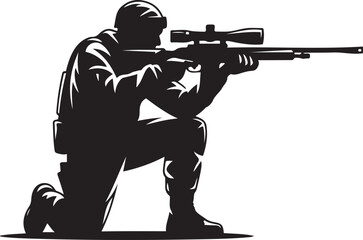 Naklejka premium Soldier sniper silhouette kneeling rifle aiming. logo Vector Black silhouettes