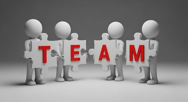 Minimalist illustration of four white puzzle figures forming a team by holding red TEAM letters, ideal for corporate, marketing, and teamwork themed projects.