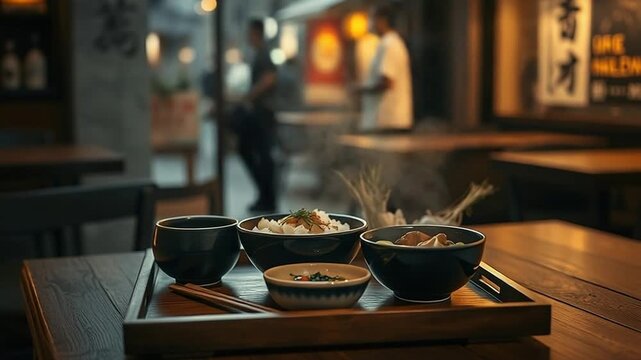 Japanese Breakfast Tray Wooden Table: Miso Soup Rice Fish