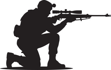 Naklejka premium Soldier sniper silhouette kneeling rifle aiming. logo Vector Black silhouettes