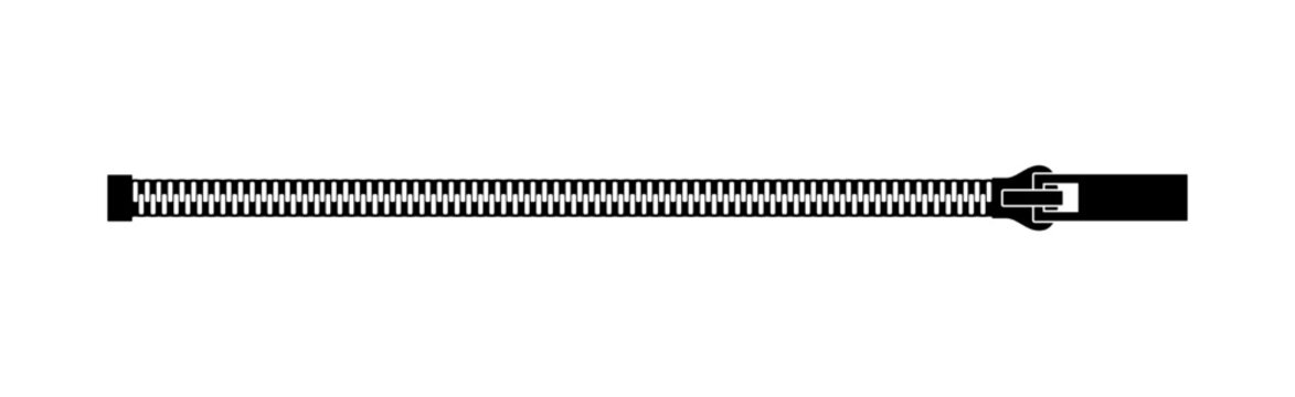 Zipper icon. Zip brush. Fastener pattern. Simple ziper line. Puller closure. Clasp with teeth. Black abstract buckle isolated on white background. Fastener zippers. Clothing. Vector illustration