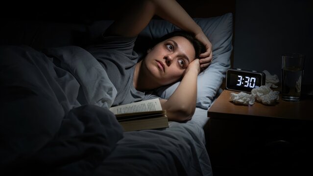 Frustrated woman awake in dark bedroom, suffering from severe insomnia, struggling with difficulty falling asleep, lying restless at 3:30 AM, experiencing chronic sleeplessness