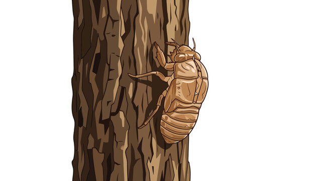 Cicada exoskeleton shell attached to textured tree bark in vector illustration isolated on white background