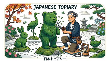 Fototapeta premium Japanese gardener trimming bear shaped topiary in traditional Zen garden illustration isolated on white background