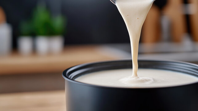 Pouring cake batter into a rice cooker pot, preparing a homemade dessert, baking a delicious easy meal for home cooking convenience and one pot preparation