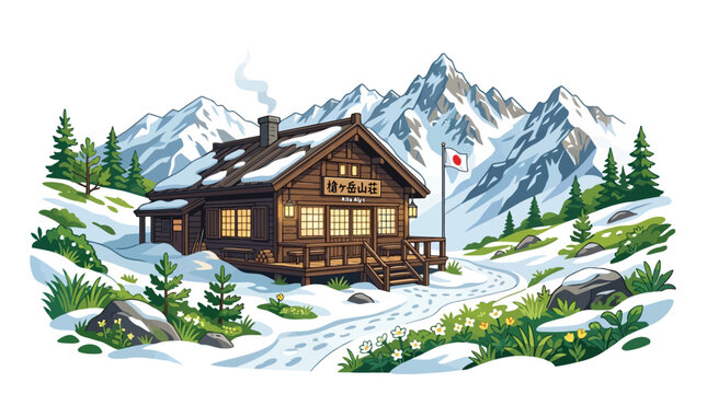 Cozy wooden mountain cabin in snowy alpine landscape with Japanese sign and flag isolated on white background