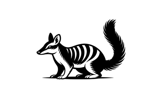 A black and white illustration of a quoll with a long bushy tail and distinctive stripes on its back in a natural pose.
