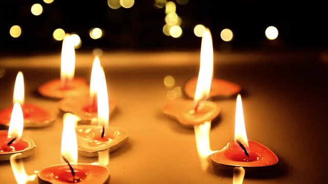 Moving on the water glowing candles s with flickering tall flames as warm golden bokeh lights blur in dark background during religious night ceremony