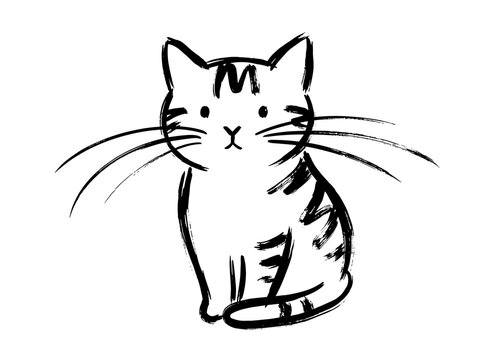 Tabby kitten brush line art, minimalist naive cat, black ink vector illustration, modern animal poster elements
