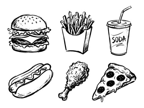 Fast food line art collection, ink sketch burger fries pizza soda hot dog vector illustration, isolated elements