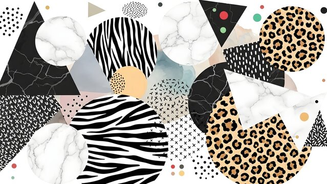 Abstract geometric shapes with animal prints and marble textures, modern decorative background.