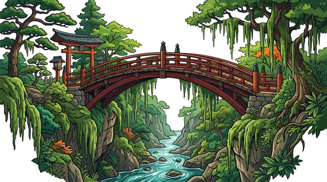 Ancient wooden arched bridge over a rocky river in a lush overgrown forest setting isolated on white background