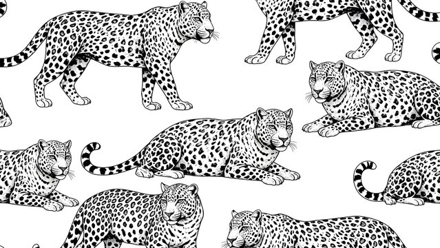 Seamless pattern with hand-drawn leopards in various poses, detailed black and white illustration of wild cats.