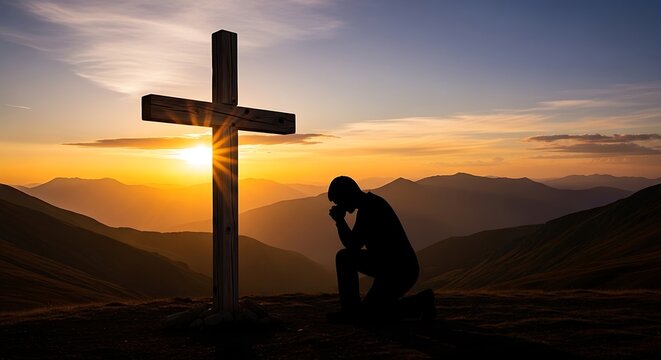Person kneeling by wooden cross at sunset