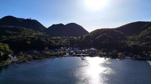Lake Ashi | Hakone | Japan | Green Mountains | Sun Reflection - 4K Aerial Video
