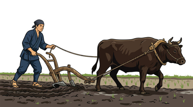 Farmer plowing soil with traditional ox and wooden plow illustration isolated on white background