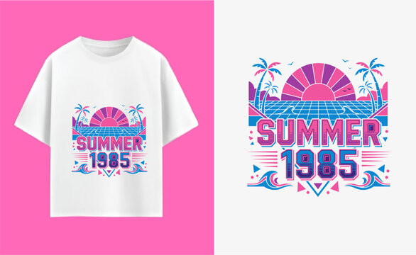 Summer 1985 vintage tshirt design with tropical sunset and palm trees  retro summer apparel