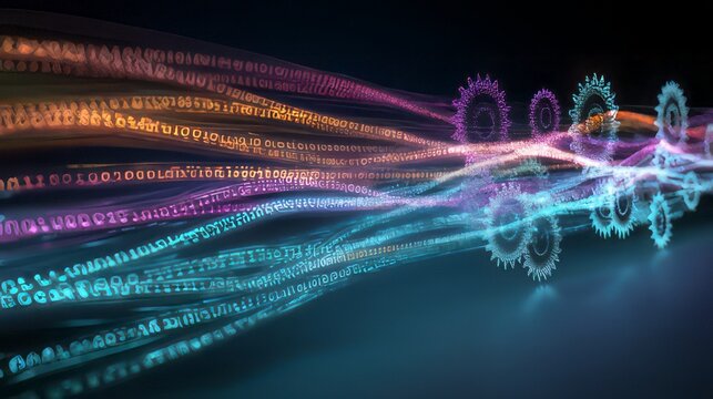 Data gears data integration, automation, and technological processing.&nbsp;Binary streams feed into digital gears on the right, symbolizing automation, analysis, and processing.&nbsp;