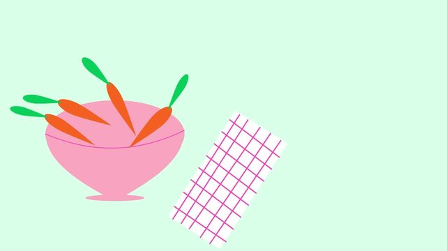 Animated Fresh Carrots in Pink Bowl with Checkered Kitchen Towel on Mint Green Background Flat Design