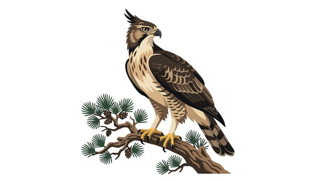 Majestic hawk perched on a pine tree branch in a detailed nature illustration of bird of prey isolated on white background