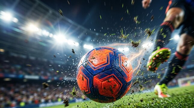 Soccer player powerfully kicking ball stadium field at night, captured in high resolution.