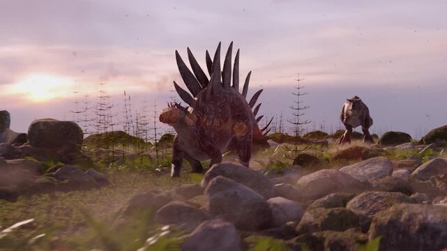 Cinematic 3D animation of a Carnotaurus dinosaur hunting on stegosaurus