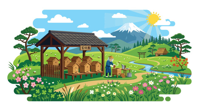 Beekeeper working at a rural apiary with beehives near a river and Mount Fuji in background isolated on white background