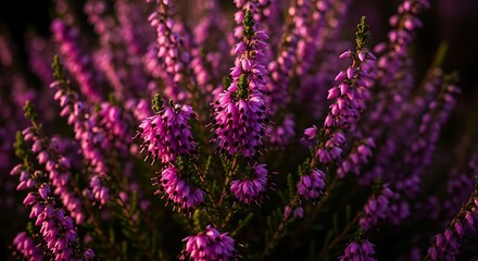 Fototapeta premium Stunning close up of heather flowers in full bloom, bathed in soft natural light, ideal for nature, floral design, wellness, and lifestyle marketing materials.