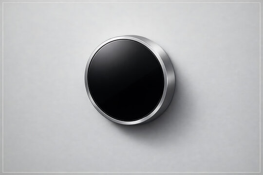 Minimalist black circular button with metallic silver bezel frame