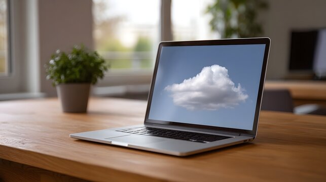 A modern workspace setup featuring a laptop displaying a bright blue sky and fluffy white cloud symbolizing remote business and cloud computing