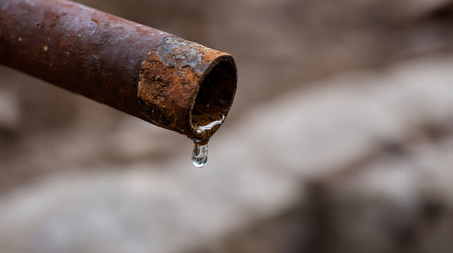 A close-up shot of a single water droplet falling from the end of a rusty, old metal pipe, highlighting the imperfection and wear of the material