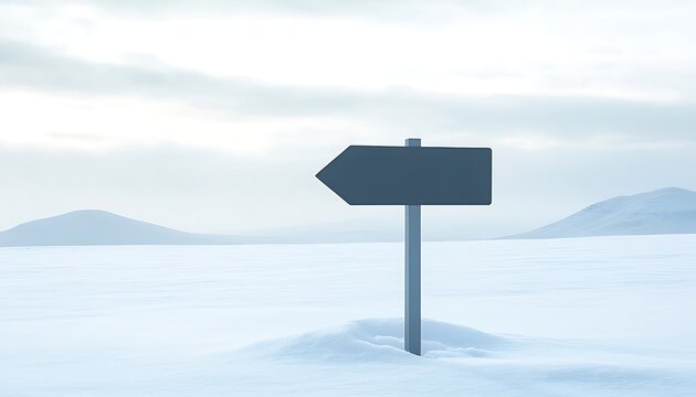 Blank directional sign in snowy landscape with misty sky and mountains